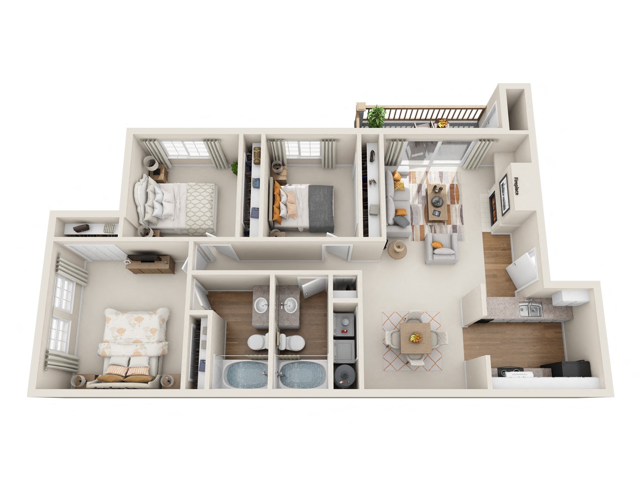 Floor plan for 3 beds, 2 baths, 1080 sqft